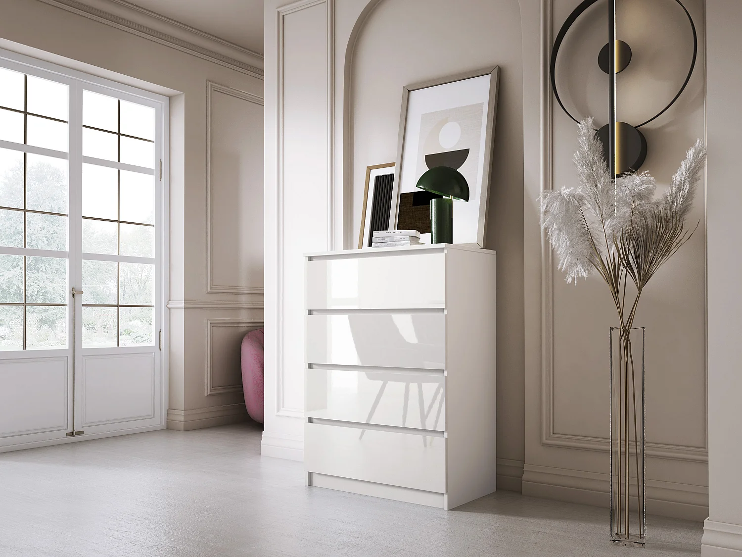 Commode 4 Tiroirs : Blanc Mat / Blanc Brillant, 70 x 39 x 101 cm