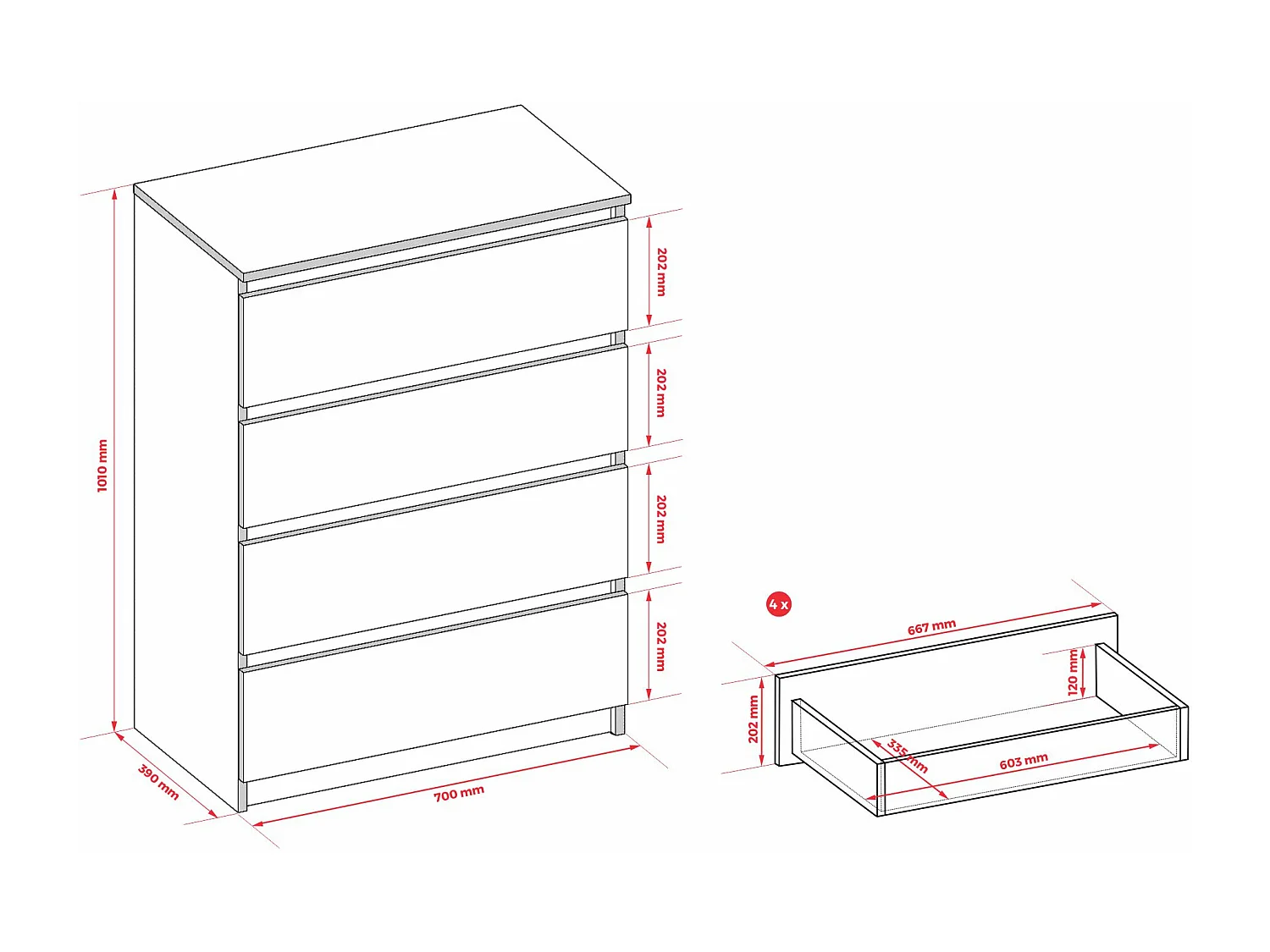 Commode 4 Tiroirs : Blanc Mat / Blanc Brillant, 70 x 39 x 101 cm