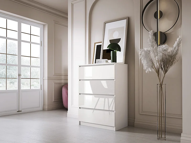 Commode 4 Tiroirs : Blanc Mat / Blanc Brillant, 70 x 39 x 101 cm