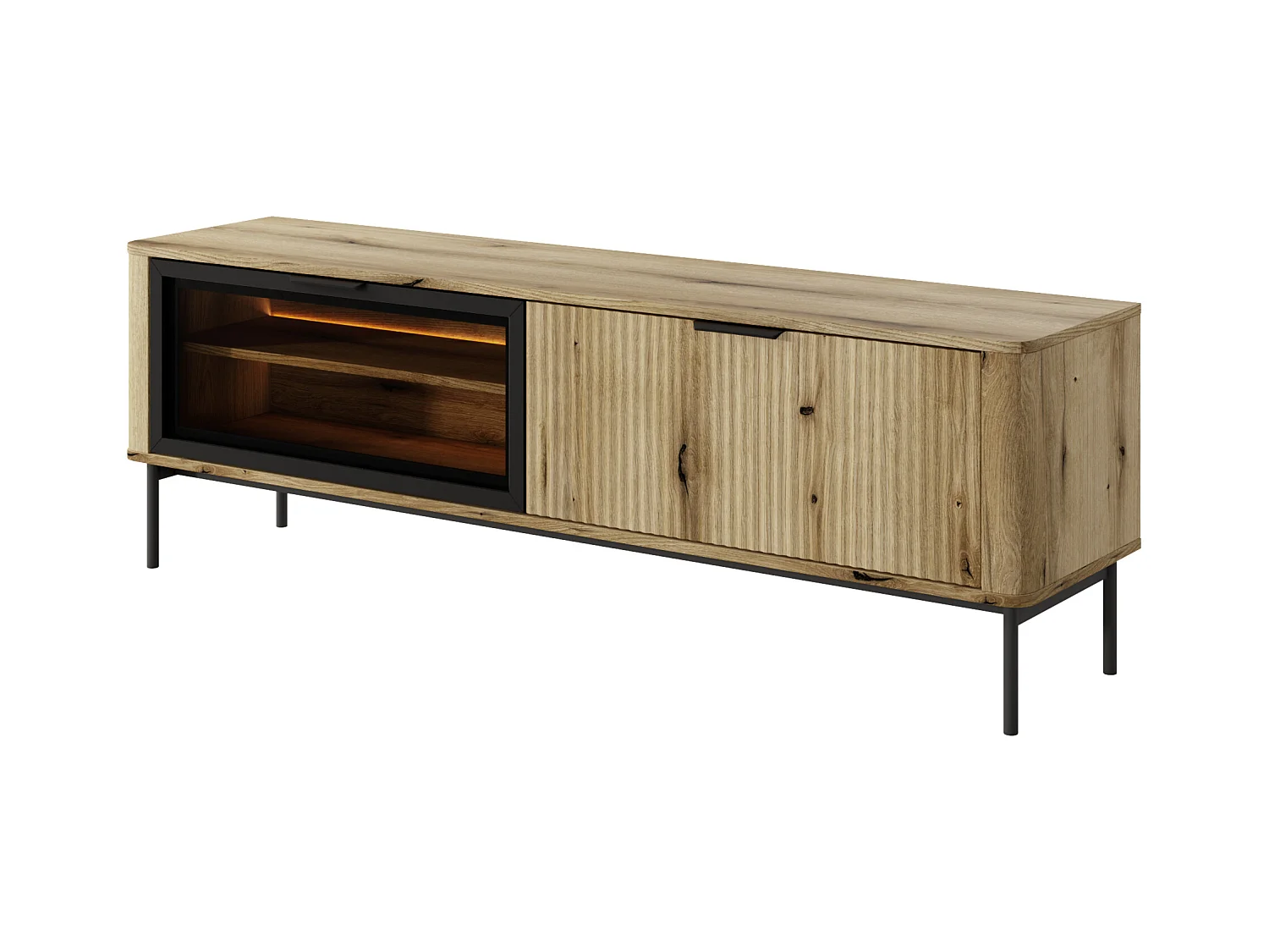 TV-Schrank: 2 Türen, Möbel: Eiche erinnert an schwarze Beine, LED-Beleuchtung, 53,2 x 163,2 x 38 cm