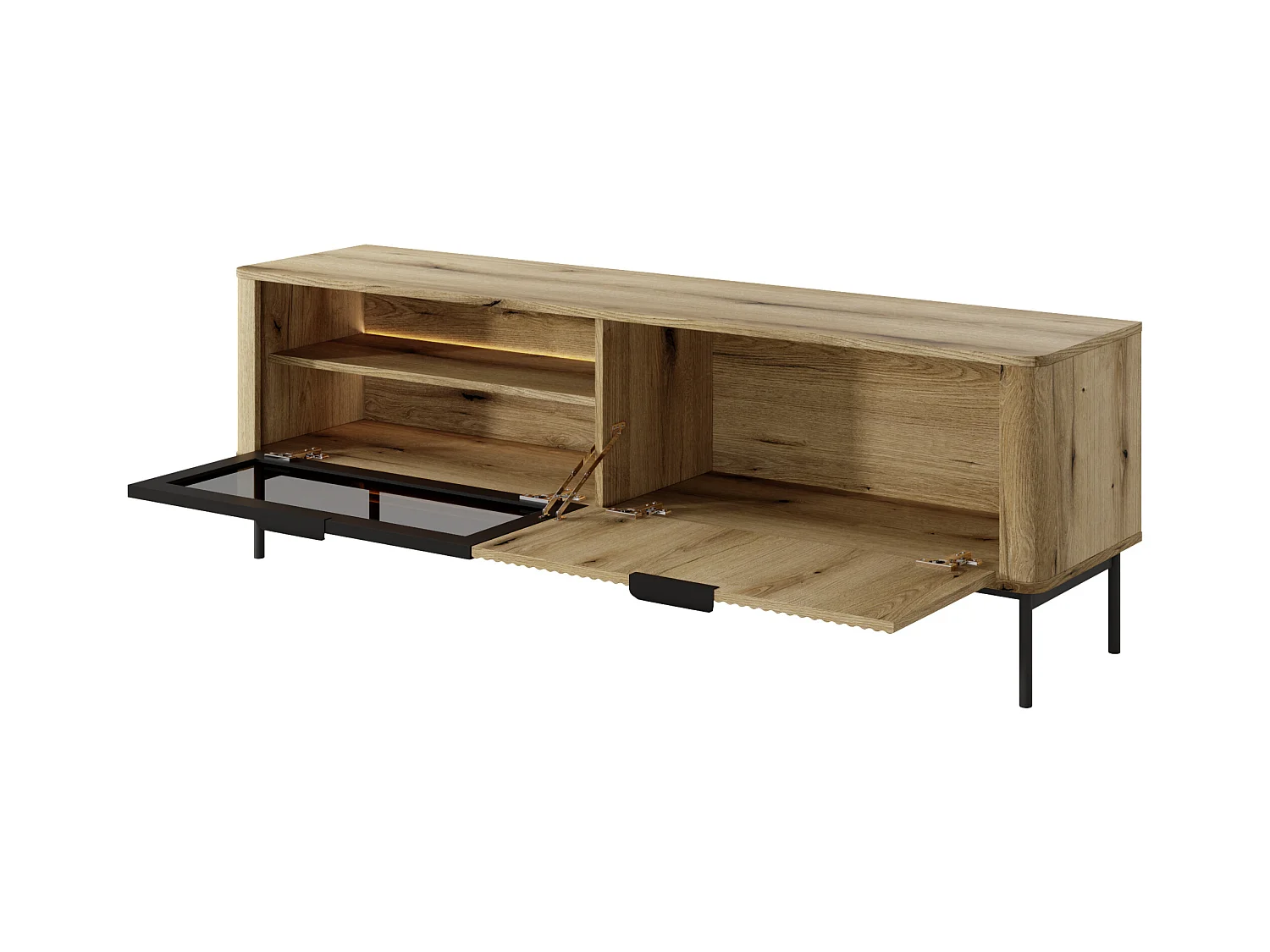 TV-Schrank: 2 Türen, Möbel: Eiche erinnert an schwarze Beine, LED-Beleuchtung, 53,2 x 163,2 x 38 cm