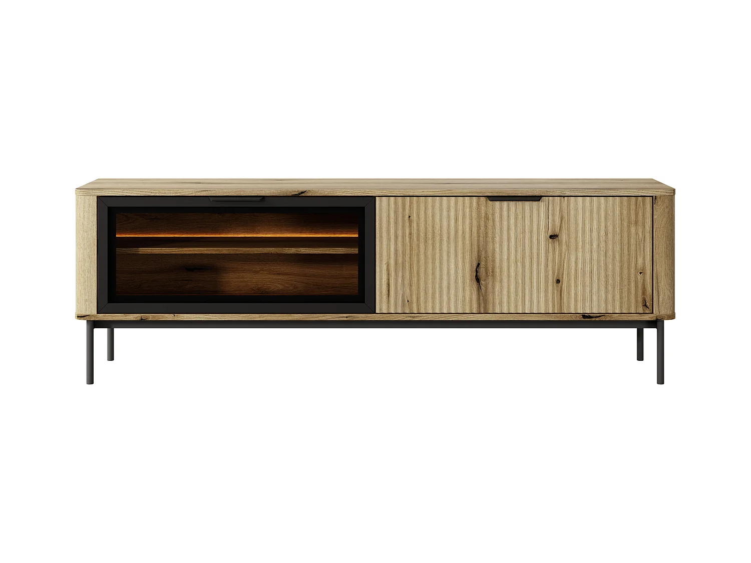 Meuble TV : 2 portes, meuble : chêne évoque les pieds Noirs, éclairage LED, 53,2 x 163,2 x 38 cm