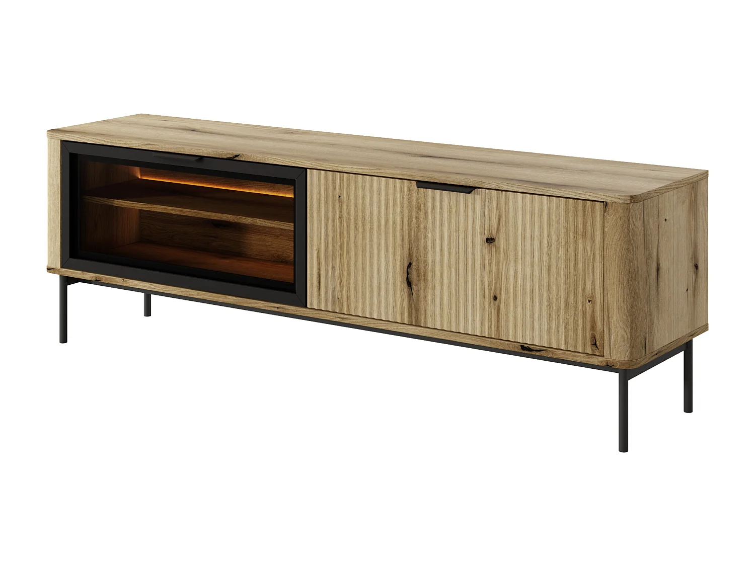Móvel de TV: 2 portas, móveis: carvalho evoca pernas pretas, iluminação LED, 53,2 x 163,2 x 38 cm
