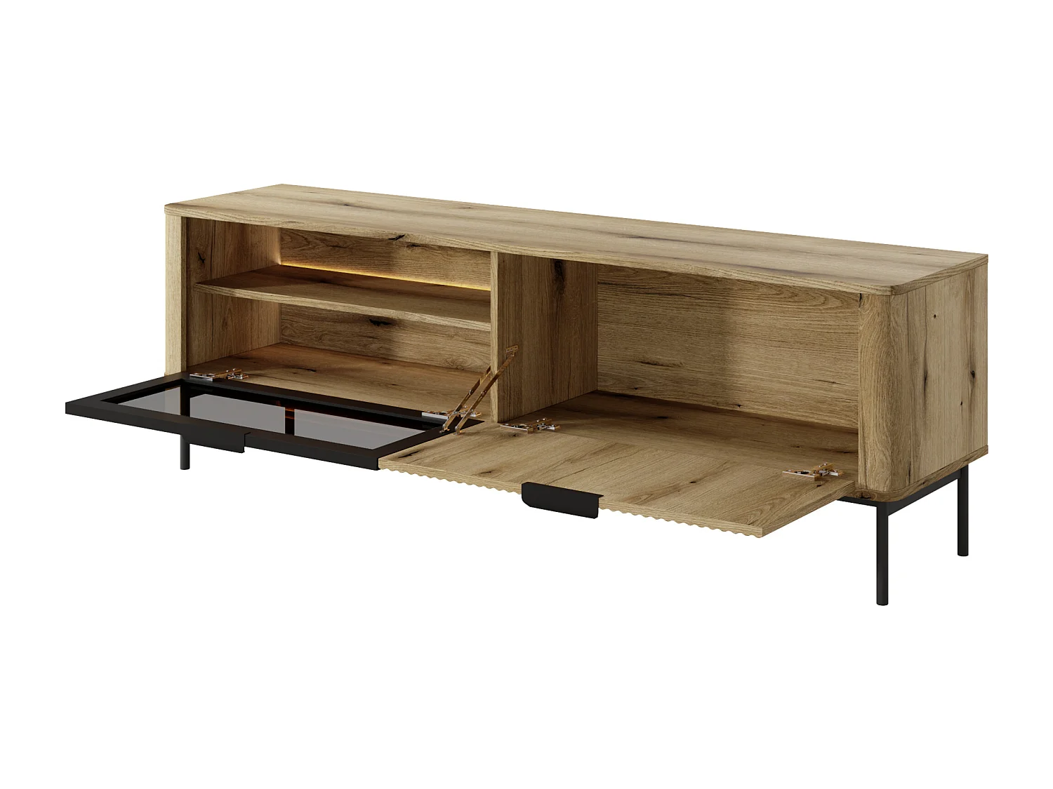 Móvel de TV: 2 portas, móveis: carvalho evoca pernas pretas, iluminação LED, 53,2 x 163,2 x 38 cm