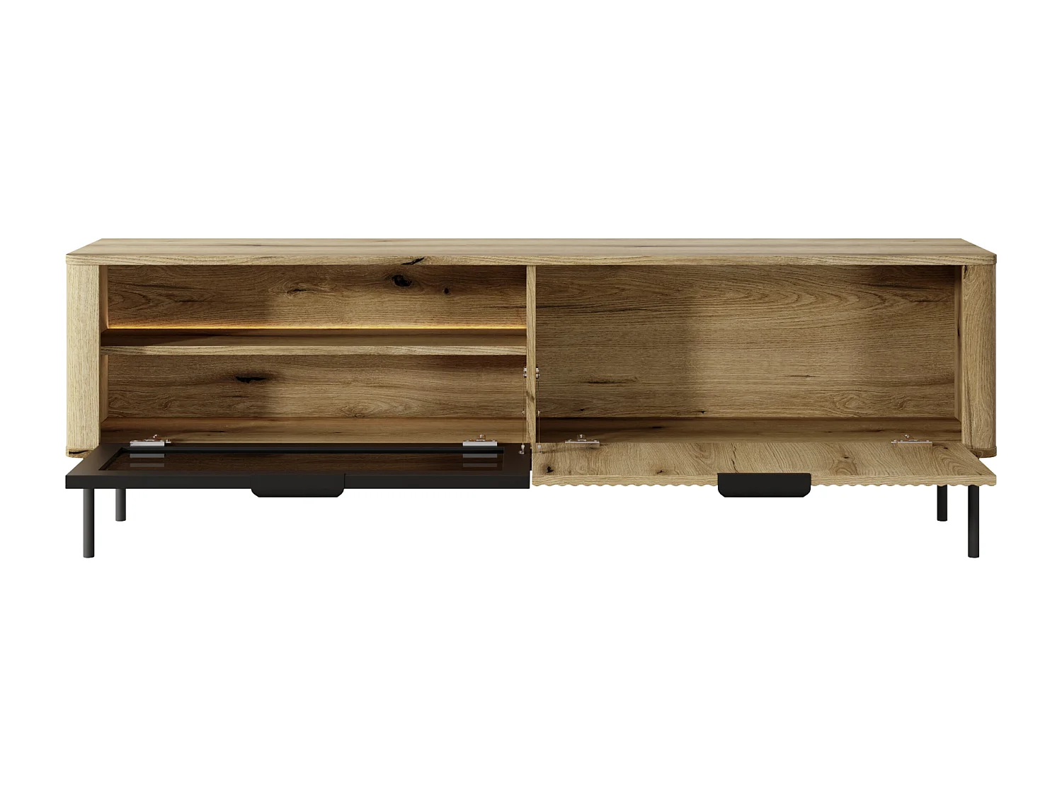 Móvel de TV: 2 portas, móveis: carvalho evoca pernas pretas, iluminação LED, 53,2 x 163,2 x 38 cm