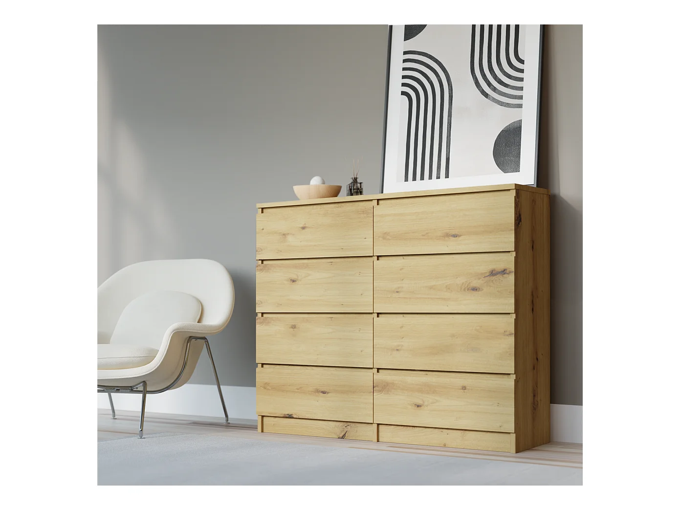 Commode 8 tiroirs : Chêne Artisan, 120 x 101 x 39 cm