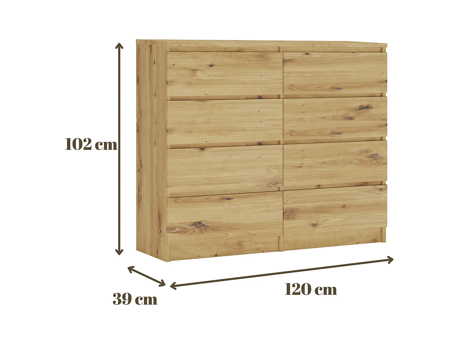 Commode 8 tiroirs : Chêne Artisan, 120 x 101 x 39 cm
