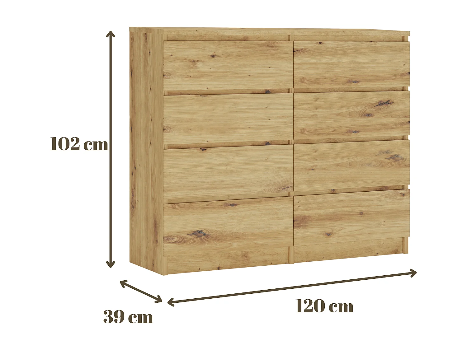 Ladekast met 8 laden: Artisan Oak, 120 x 101 x 39 cm