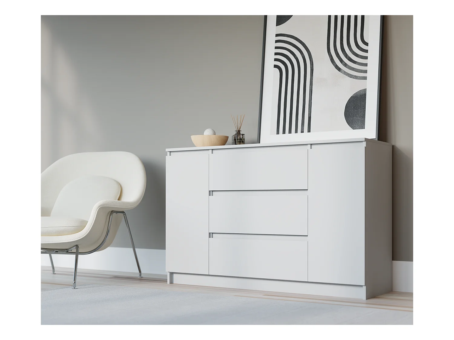 Commode : Blanc Mat, 120 x 39 x 78 cm, 2 portes, 3 tiroirs