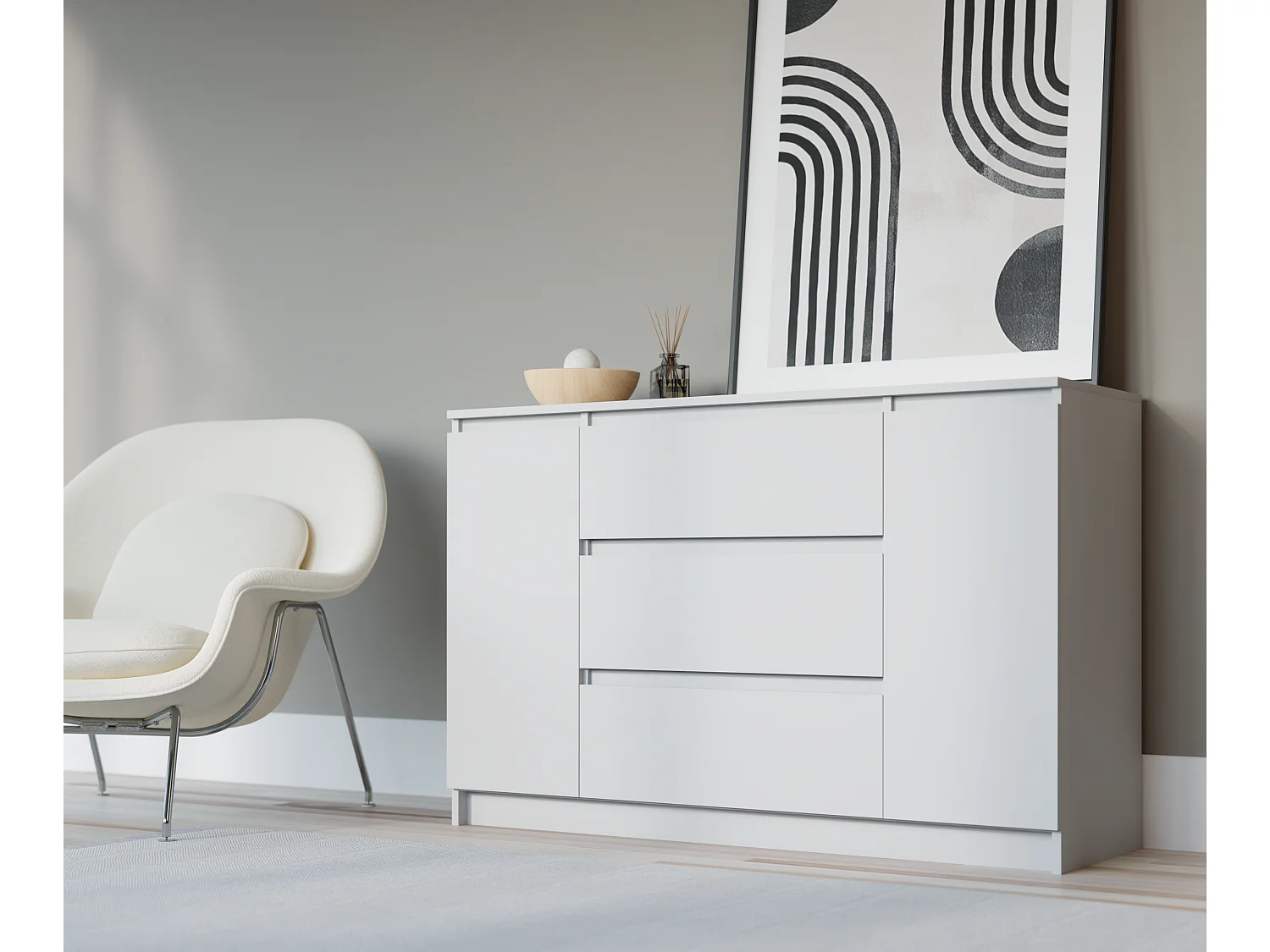 Commode : Blanc Mat, 120 x 39 x 78 cm, 2 portes, 3 tiroirs