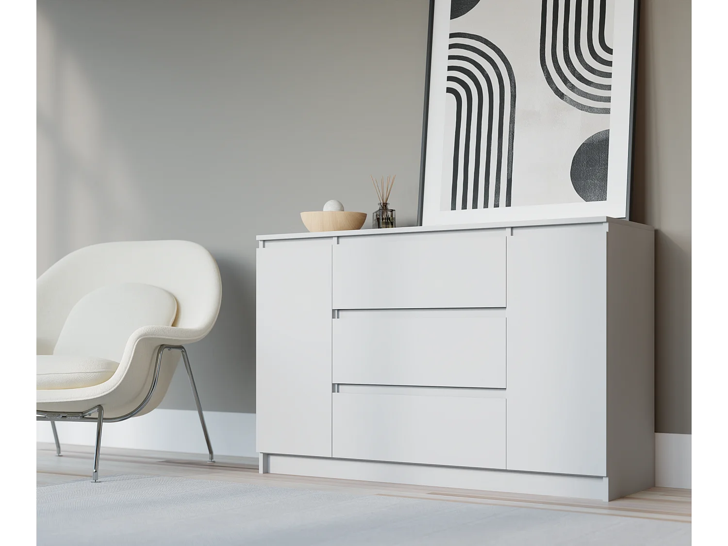 Komoda: Biała Matowa, 120 x 39 x 78 cm, 2 drzwi, 3 szuflady