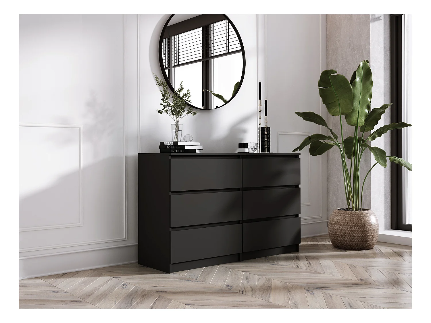 Commode 6 Tiroirs : Noir Mat, 120 x 39 x 79 cm