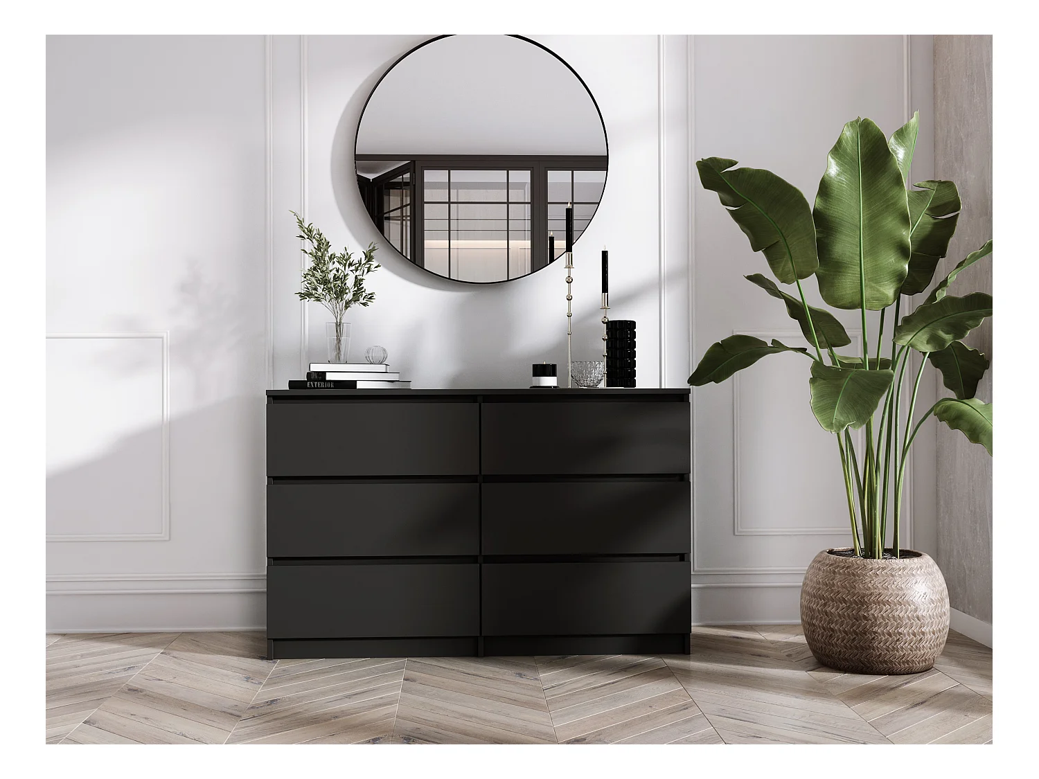 Cómoda de 6 cajones: negro mate, 120 x 39 x 79 cm