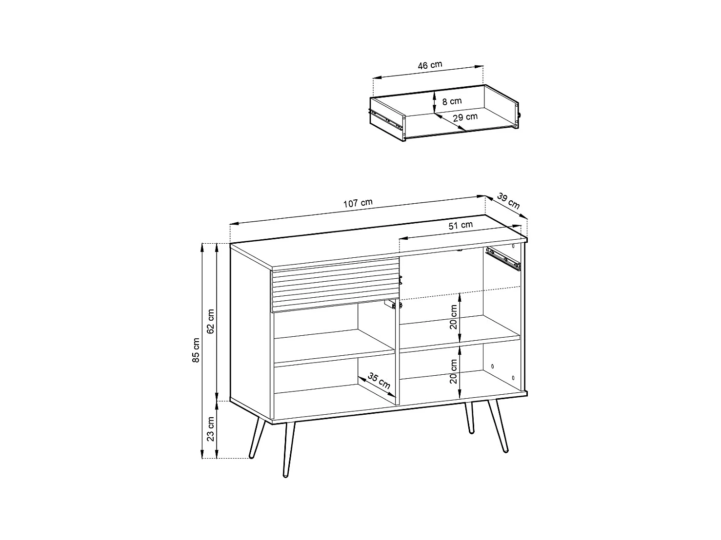 Commode : Blanc, pieds noir, 107 x 85 x 39 cm