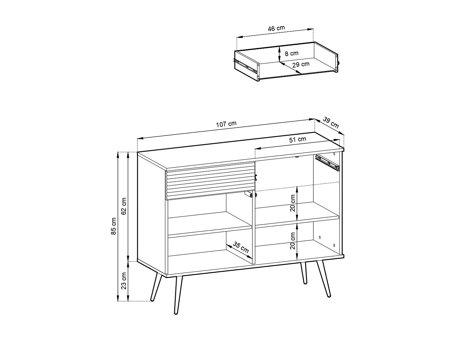 Commode : Noir, pieds noirs, 107 x 85 x 39 cm