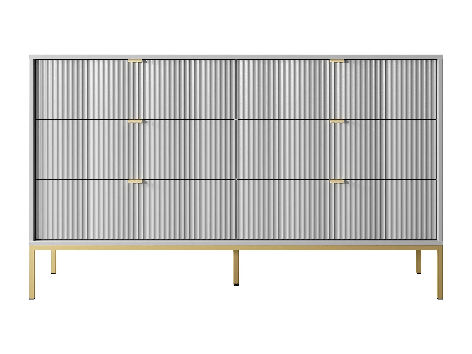 Cômoda: 6 gavetas, cinza, pés dourados, 154 x 39 x 83 cm, puxadores dourados
