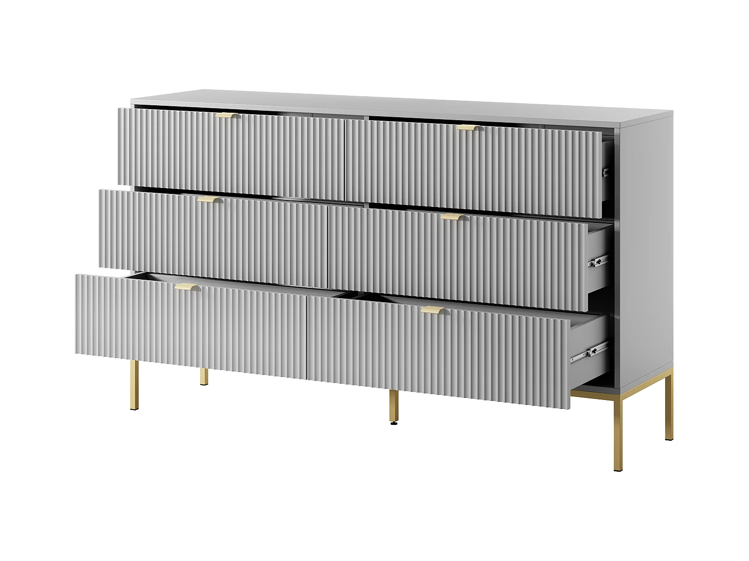 Cômoda: 6 gavetas, cinza, pés dourados, 154 x 39 x 83 cm, puxadores dourados