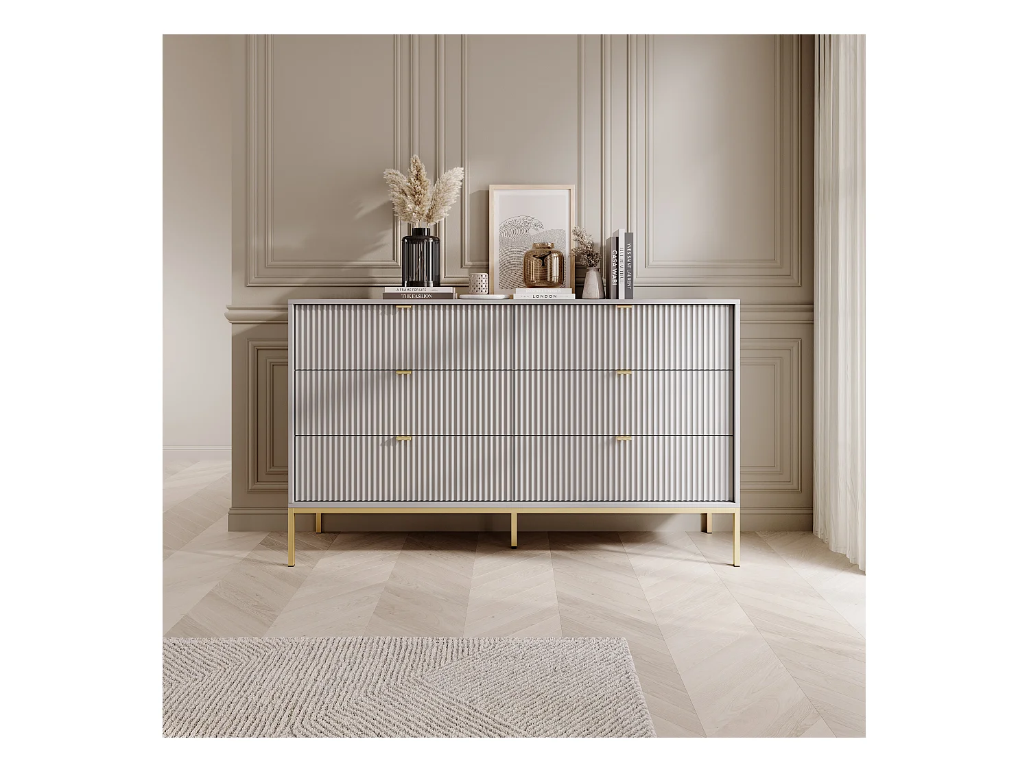 Cômoda: 6 gavetas, cinza, pés dourados, 154 x 39 x 83 cm, puxadores dourados