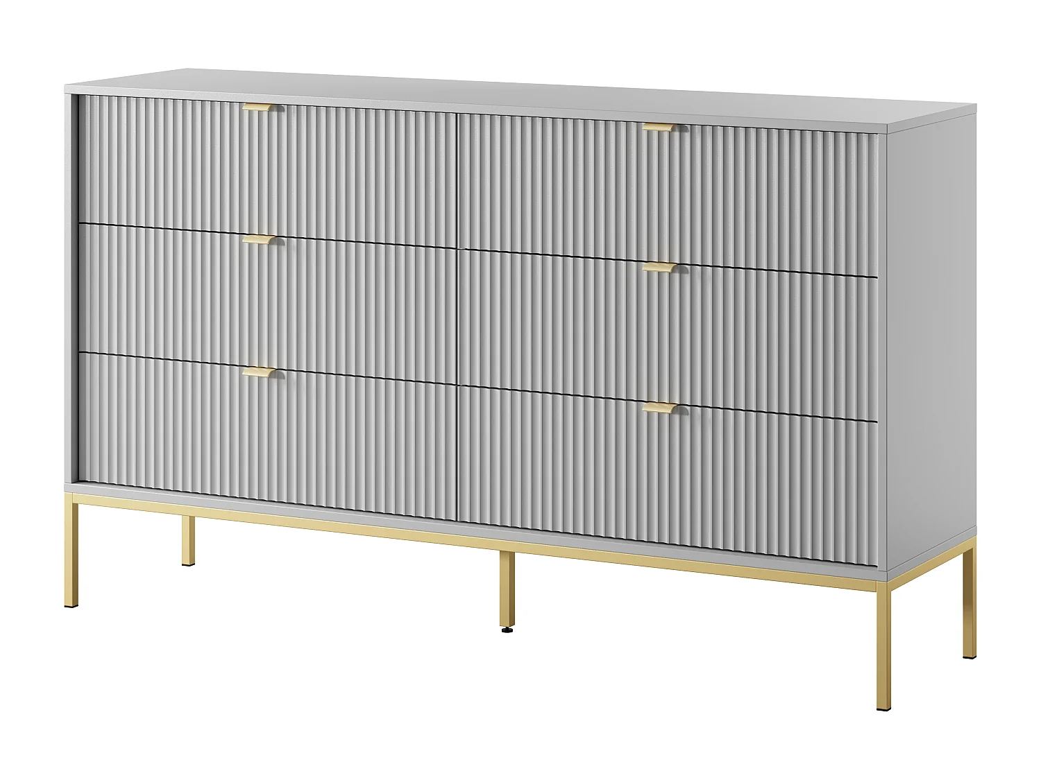 Commode : 6 Tiroirs, Gris, Pieds Dorés, 154 x 39 x 83 cm, poignées dorées