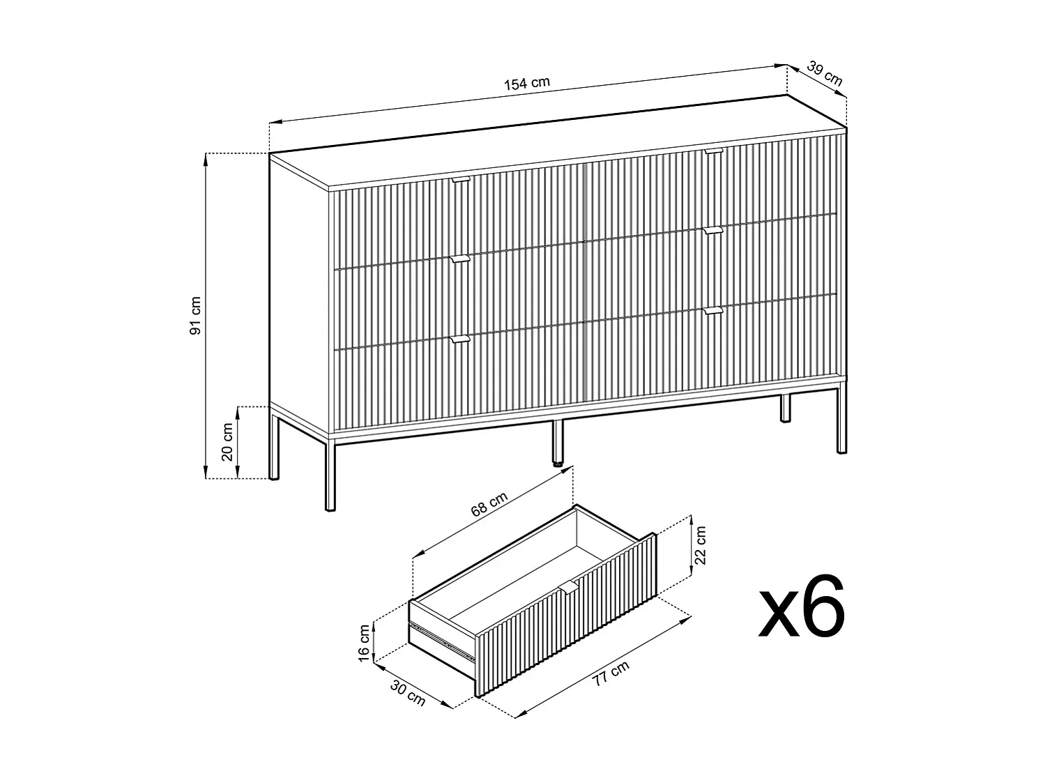 Ladekast: 6 lades, grijs, gouden poten, 154 x 39 x 83 cm, gouden handgrepen
