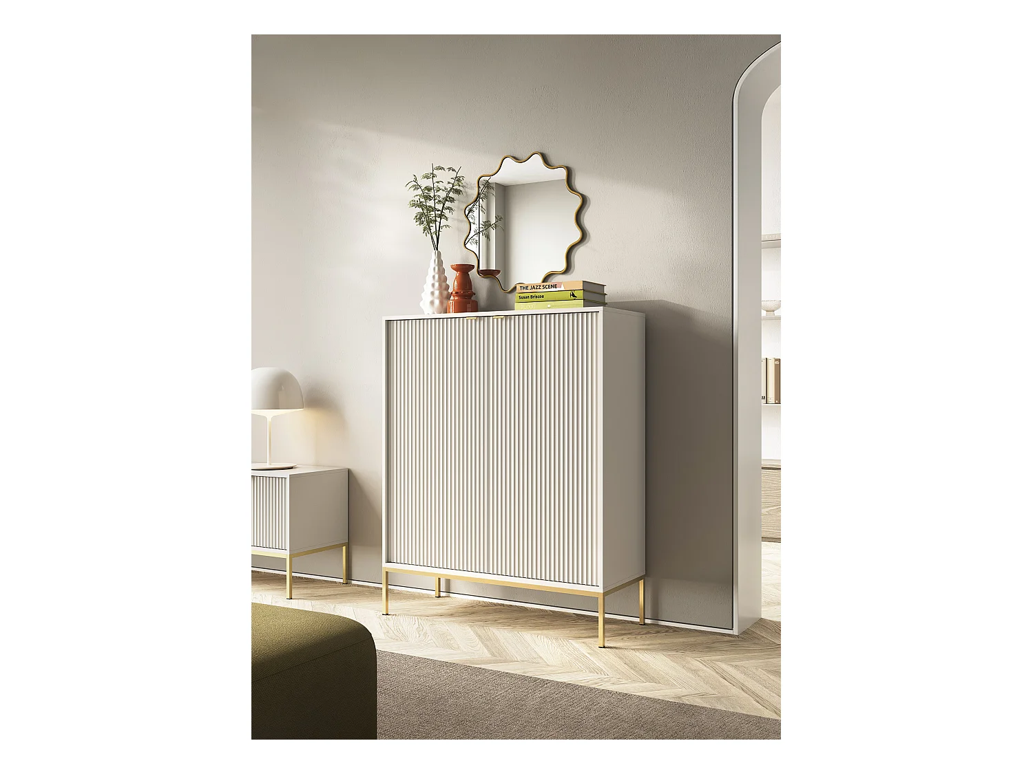 Commode : 2 Portes, Cachemire, doré, 104 x 125 x 39 cm, poignées dorées