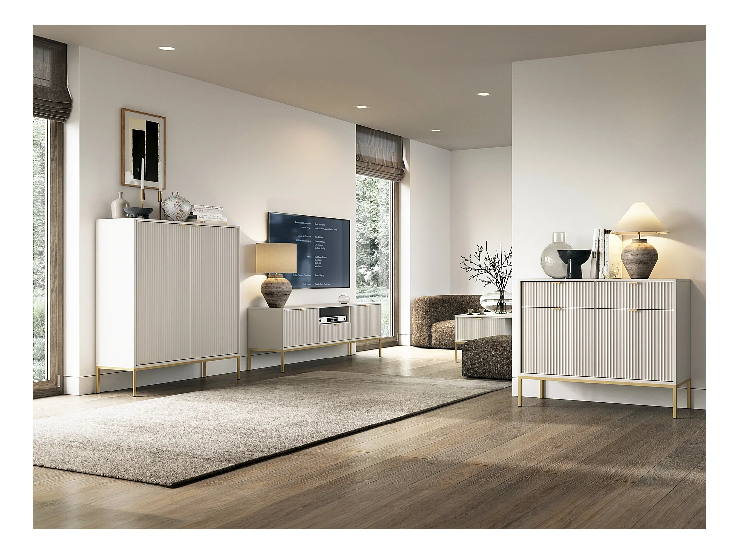 Commode : 2 Portes, Cachemire, doré, 104 x 125 x 39 cm, poignées dorées