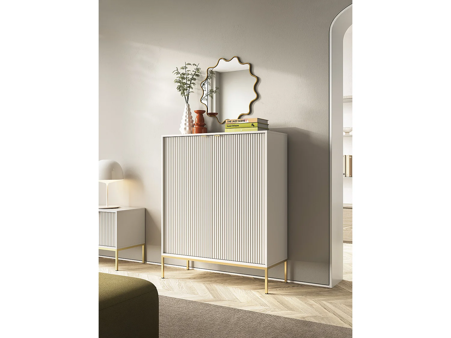 Commode : 2 Portes, Cachemire, doré, 104 x 125 x 39 cm, poignées dorées