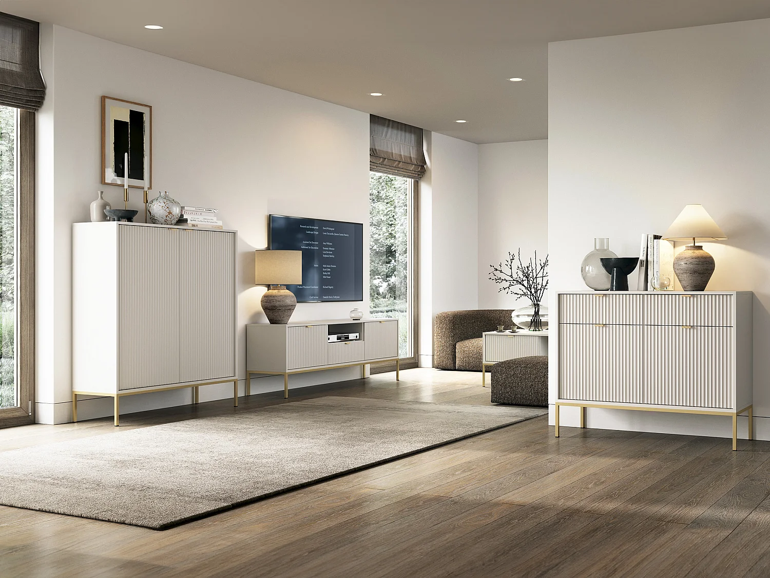 Commode : 2 Portes, Cachemire, doré, 104 x 125 x 39 cm, poignées dorées