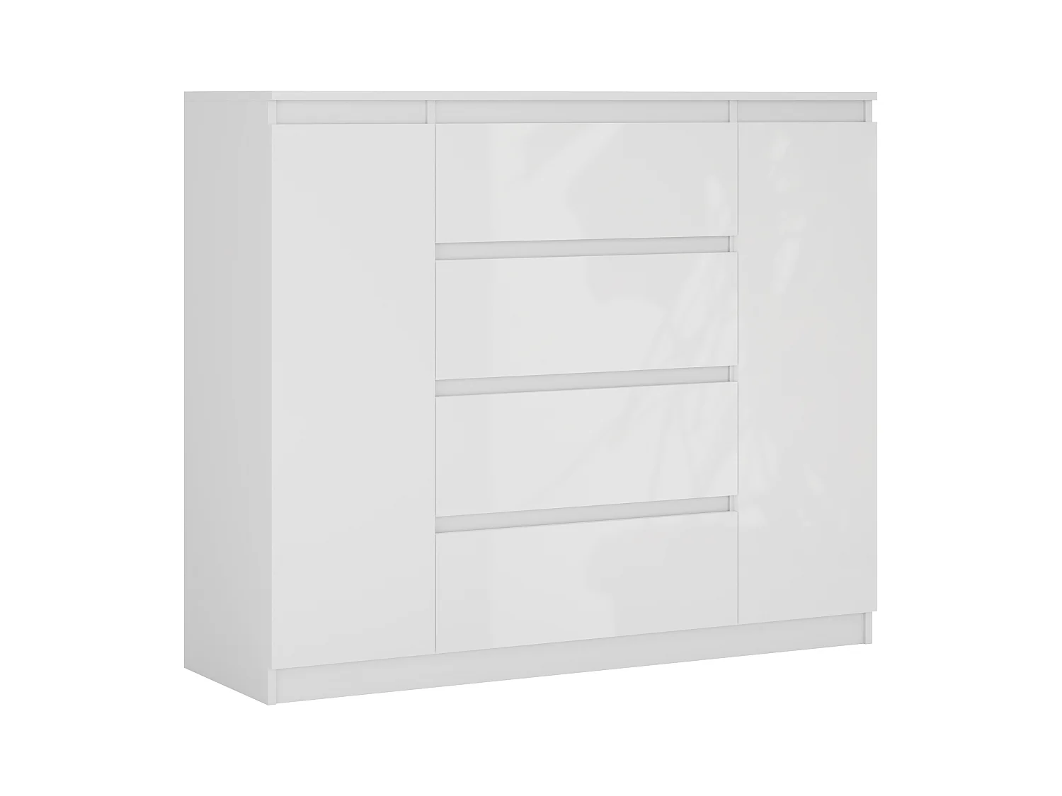 Commode : Blanc Mat / Blanc Brillant, 140 x 39 x 101 cm, 2 portes, 4 tiroirs