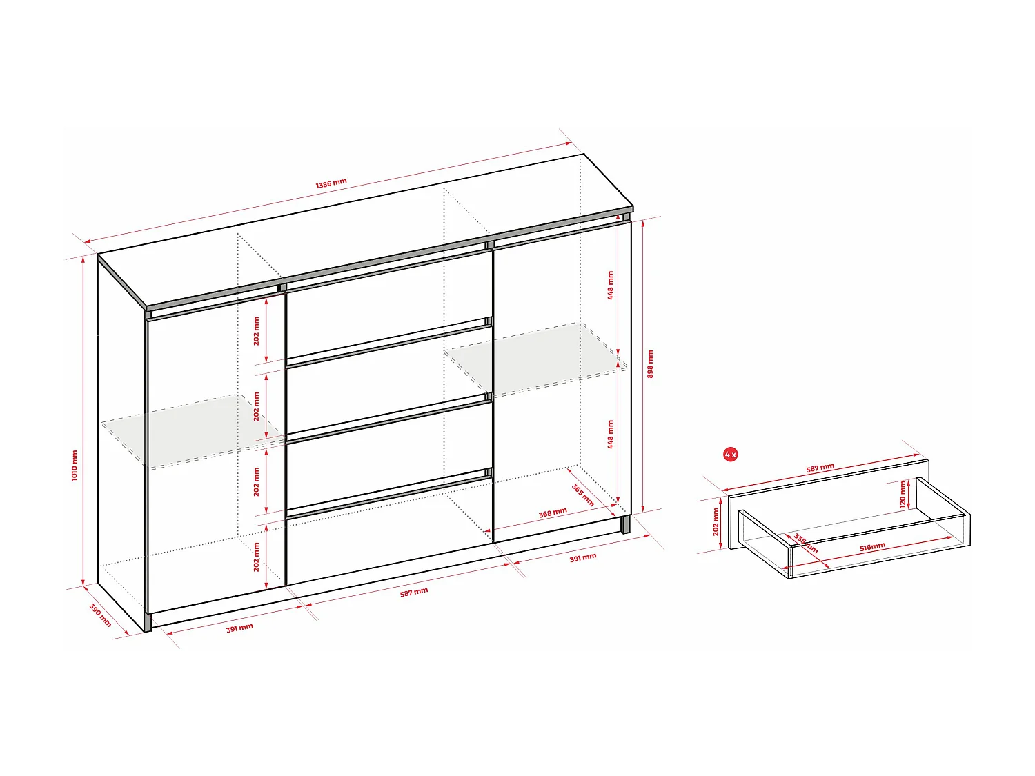 Commode : Blanc Mat / Blanc Brillant, 140 x 39 x 101 cm, 2 portes, 4 tiroirs
