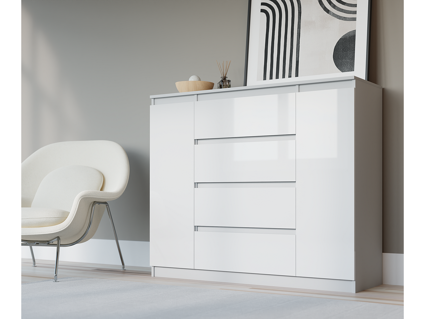 Cassettiera Lucida Con LED E Controllo App | 81x140x39 Cm | 2 Ante E 3 Cassetti | Design Moderno Bianco