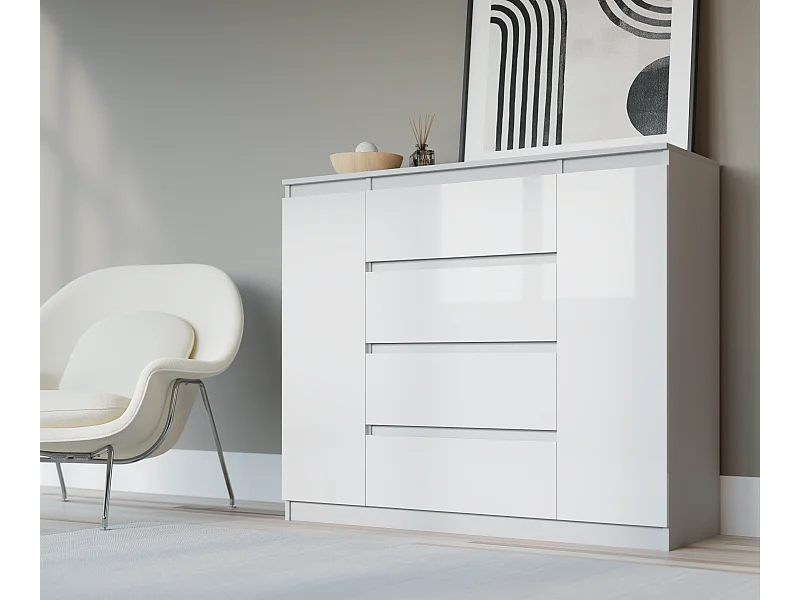 Ladekast: Mat Wit / Glanzend Wit, 140 x 39 x 101 cm, 2 deuren, 4 laden