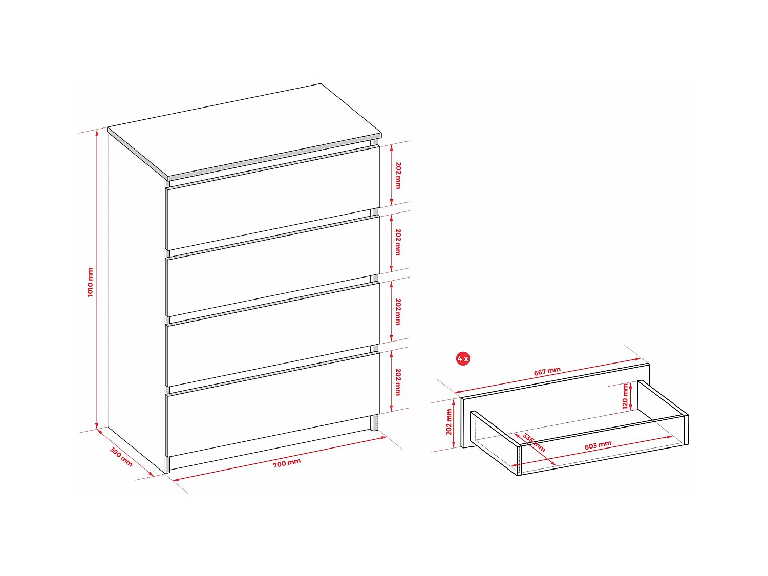 Commode : 4 tiroirs, caramel, 70 x 100 x 39 cm