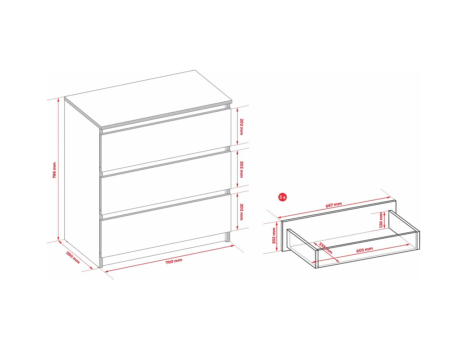 Kommode: 3 Schubladen, Kaschmir, 70 x 79 x 39 cm