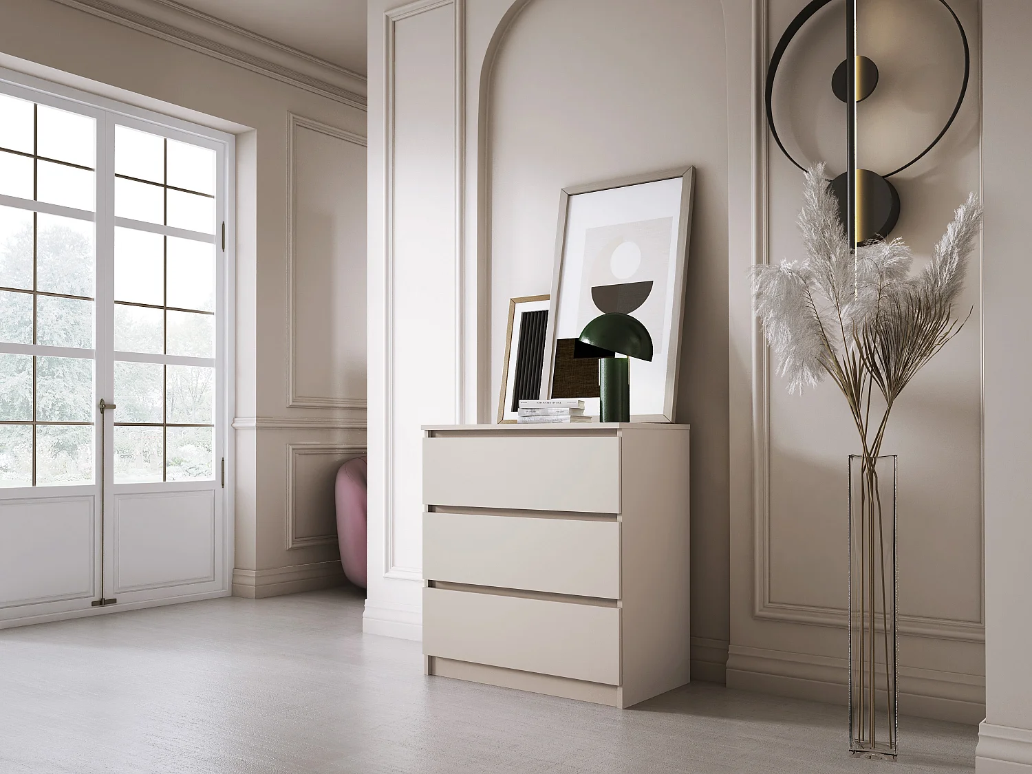 Commode : 3 tiroirs, cachemire, 70 x 79 x 39 cm