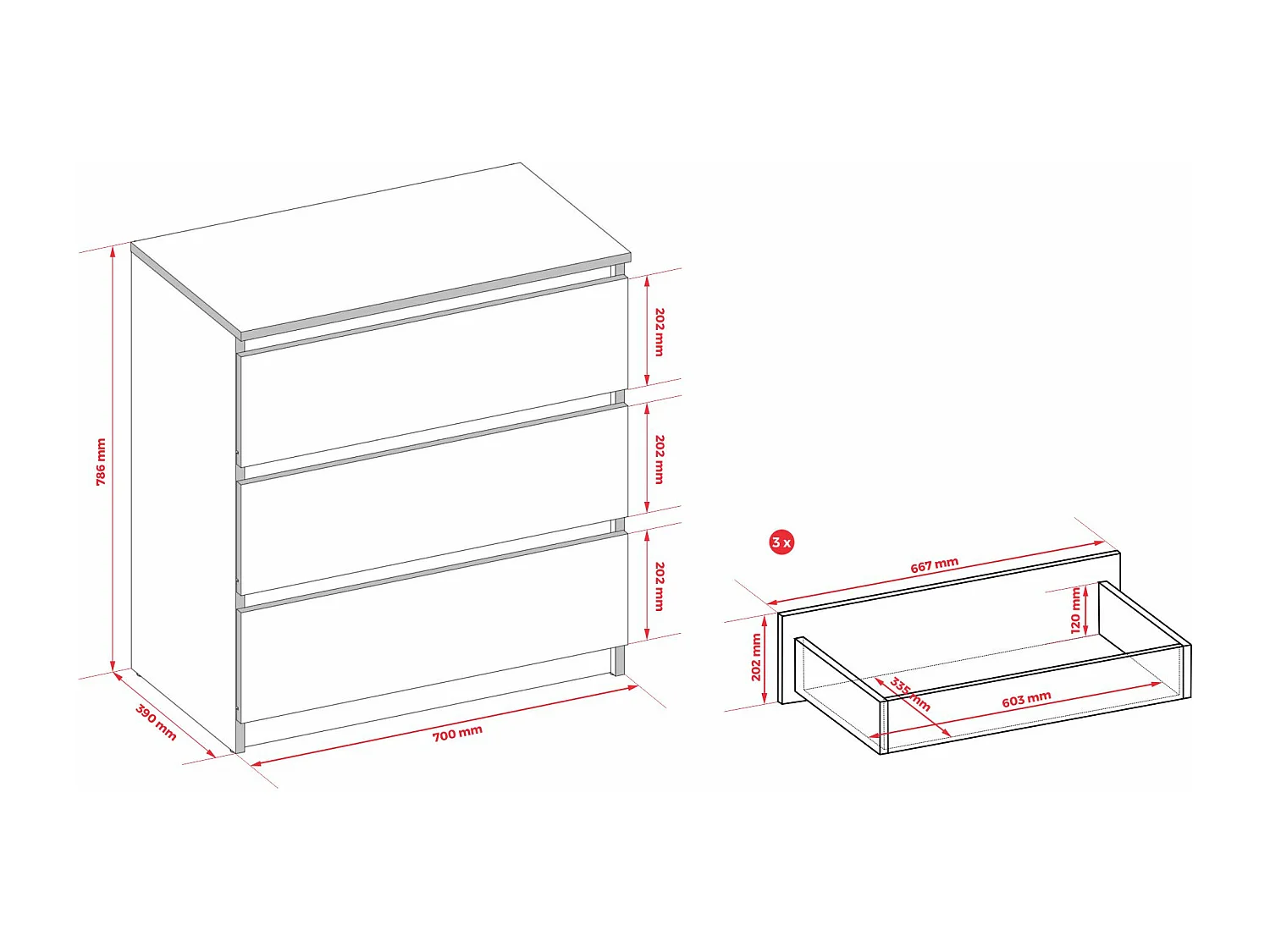Commode : 3 tiroirs, cachemire, 70 x 79 x 39 cm