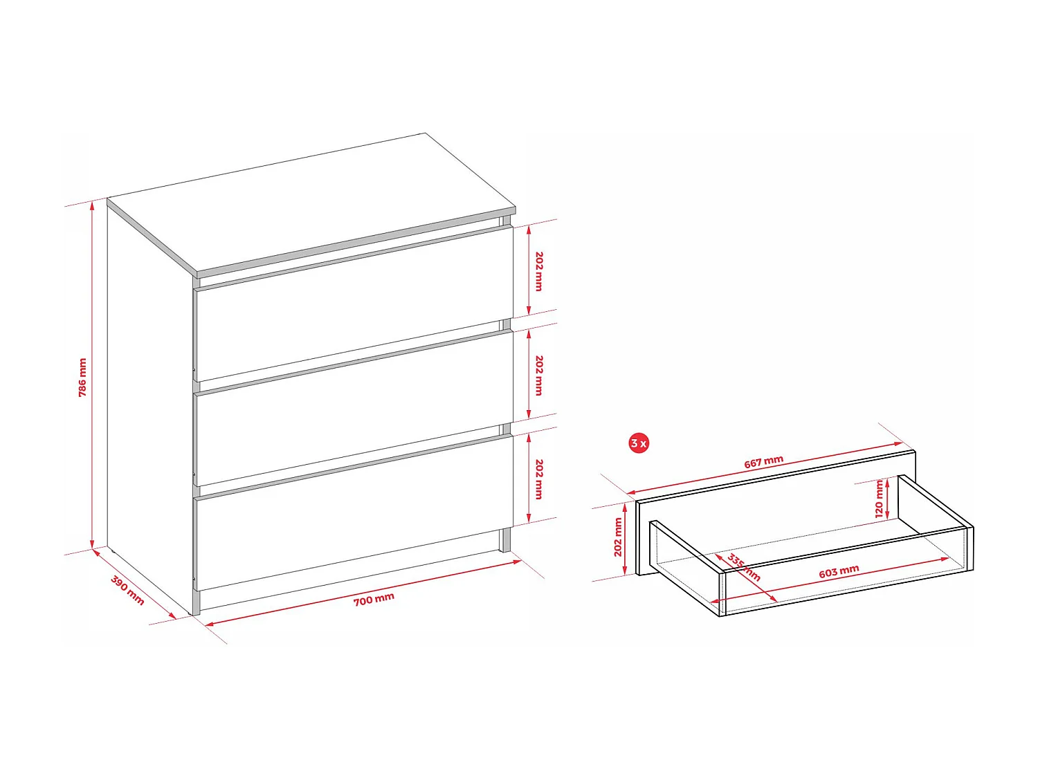 Kommode: 3 Schubladen, Kaschmir, 70 x 79 x 39 cm