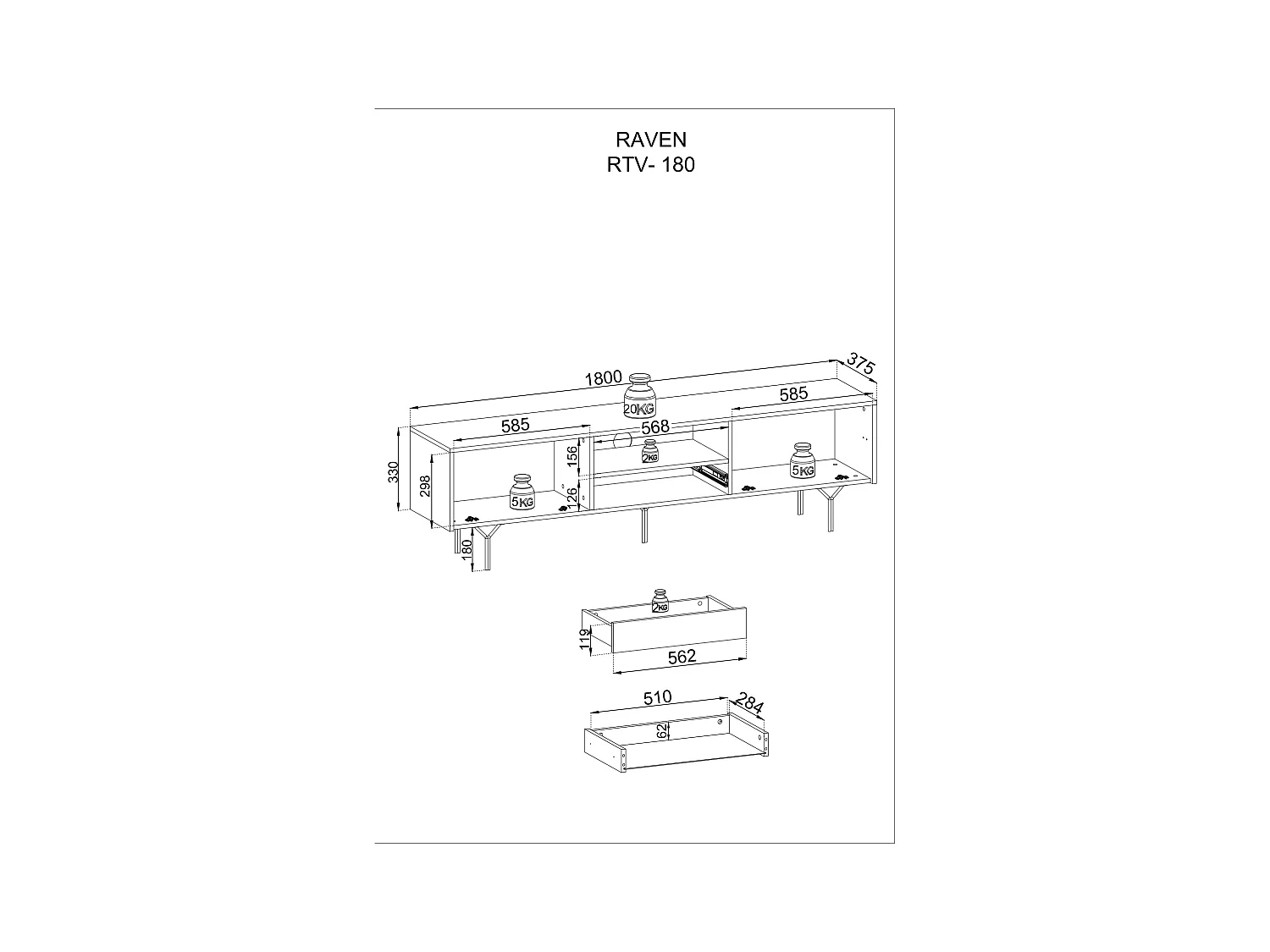 Meuble TV : Noir, 180 x 51 x 31 cm