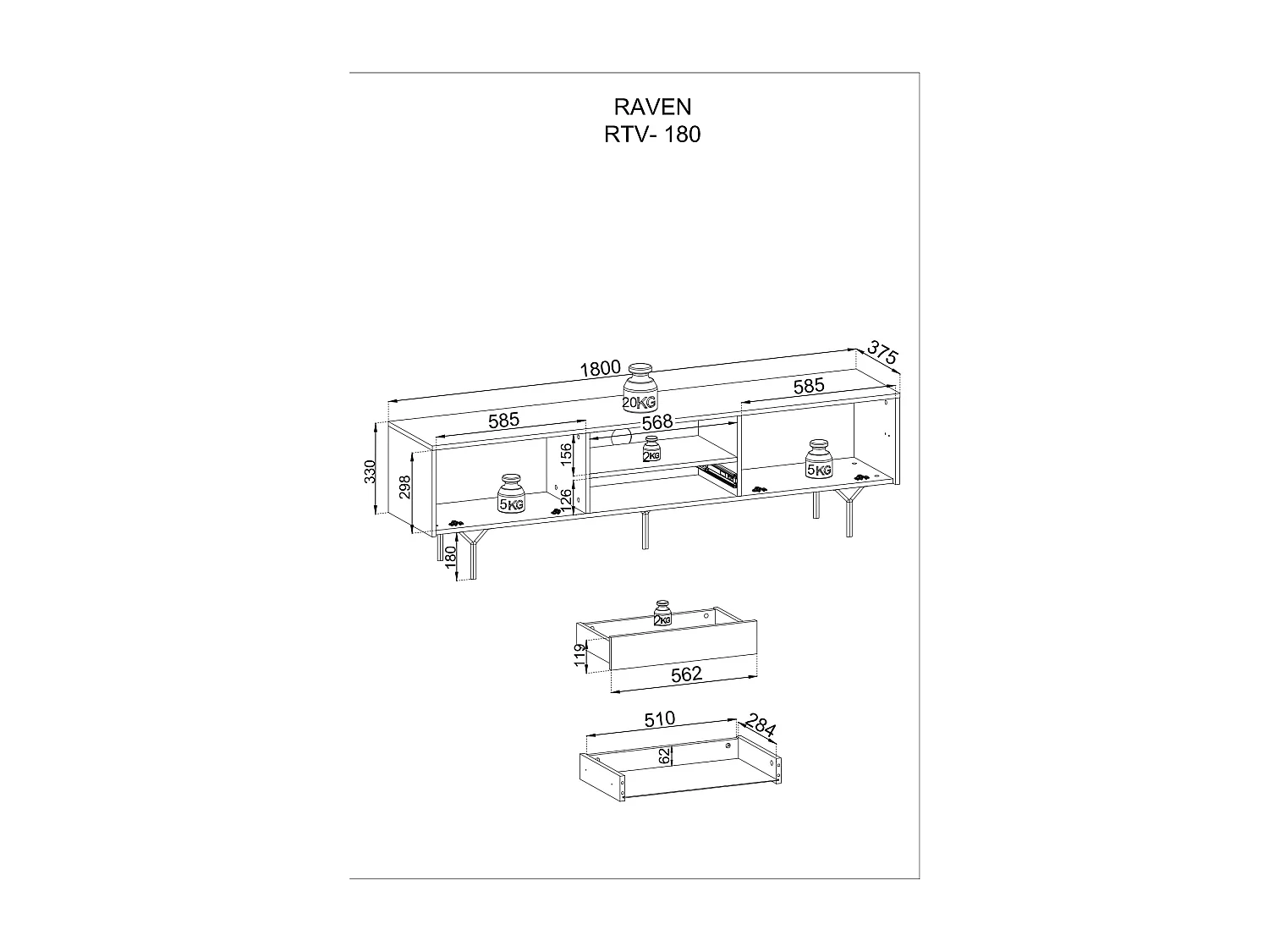 Meuble TV : Noir, 180 x 51 x 31 cm