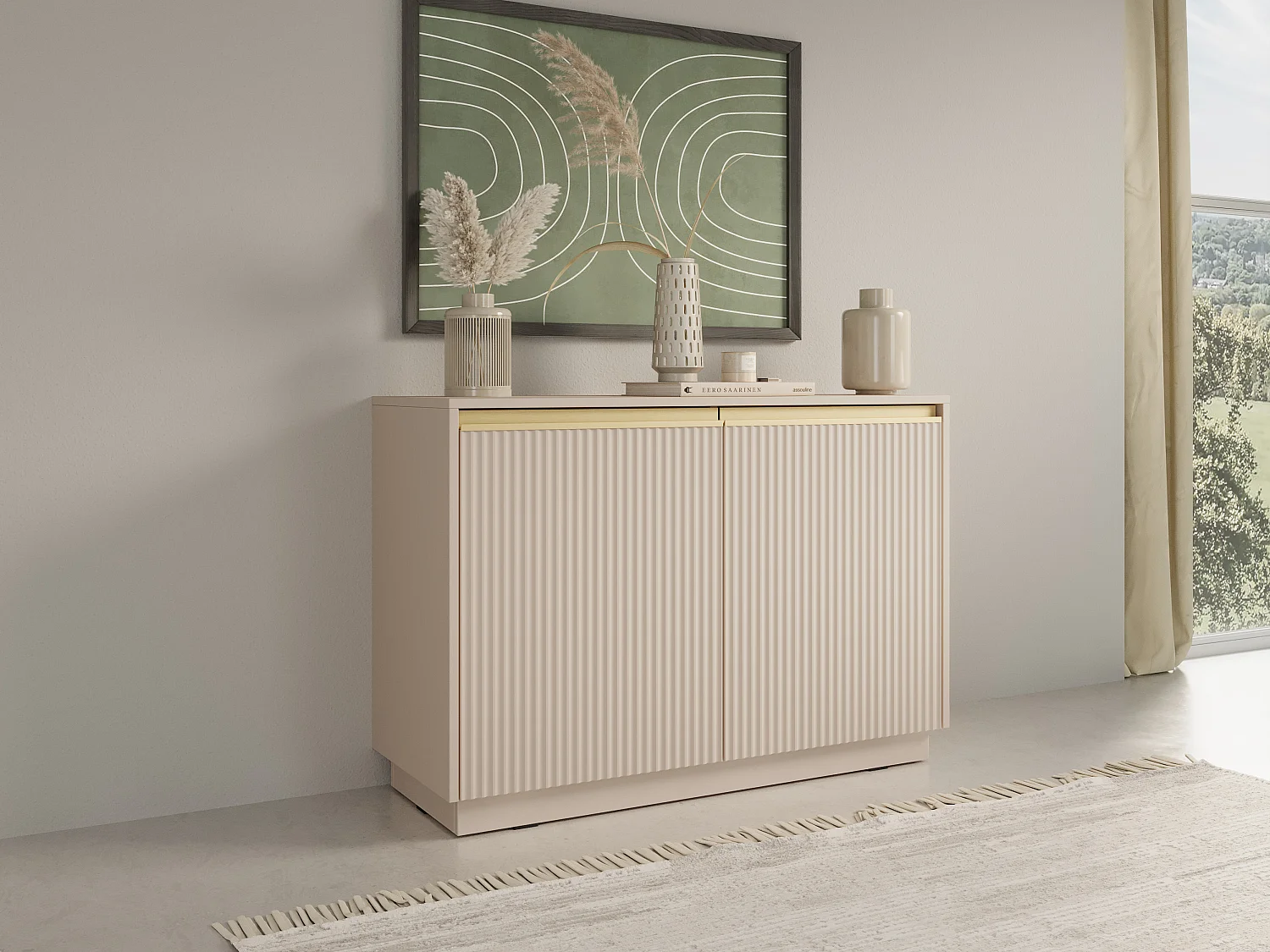 Commode : 2 portes, 4 étagères, Beige sable, 103,5 x 71,4 x 39 cm