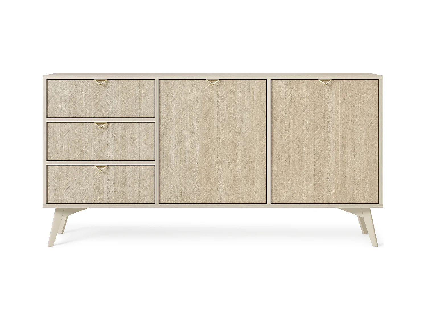 Cômoda: Bege Areia / Chevrons Scandi, Pernas de Madeira, 158 x 80 x 38cm