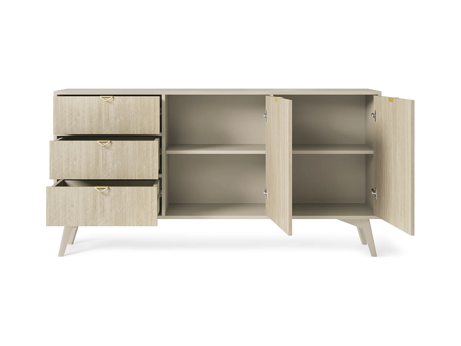 Cômoda: Bege Areia / Chevrons Scandi, Pernas de Madeira, 158 x 80 x 38cm