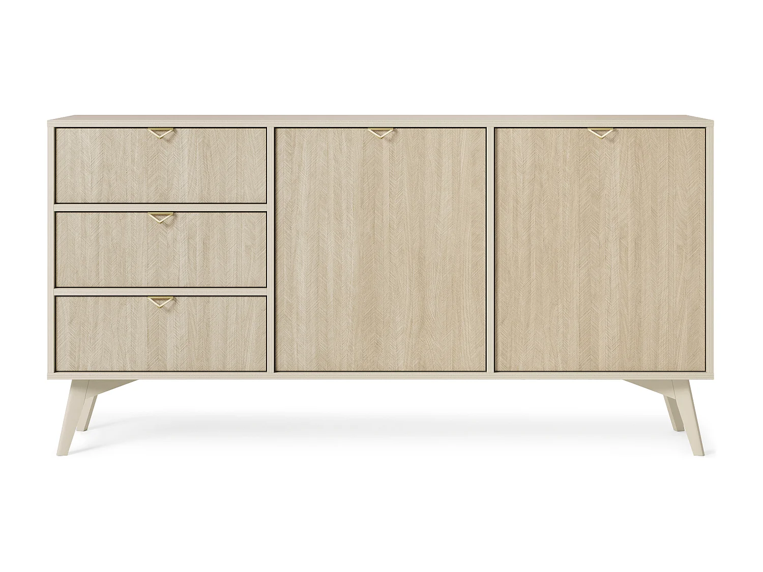 Commode : Beige Sable / Chevrons scandi, Pieds Bois, 158 X 80 X 38cm