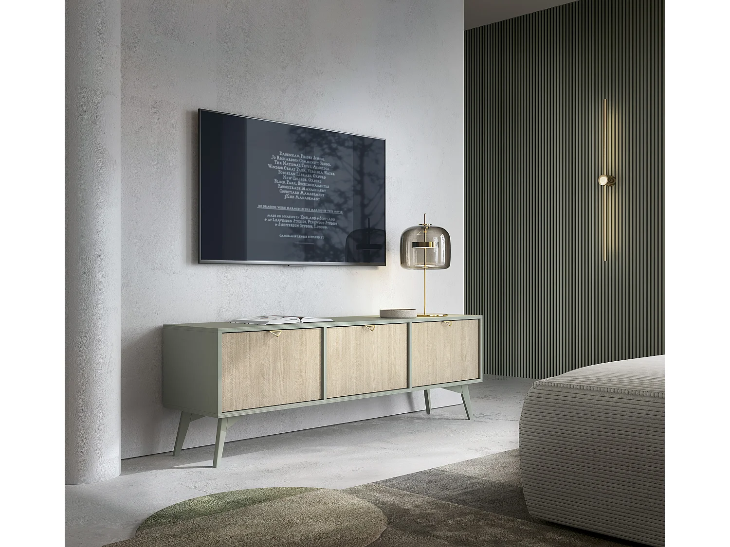 Móvel TV: Eucalyptus Chevrons / Scandi Chevrons, pés de madeira, 158 x 52 x 38cm