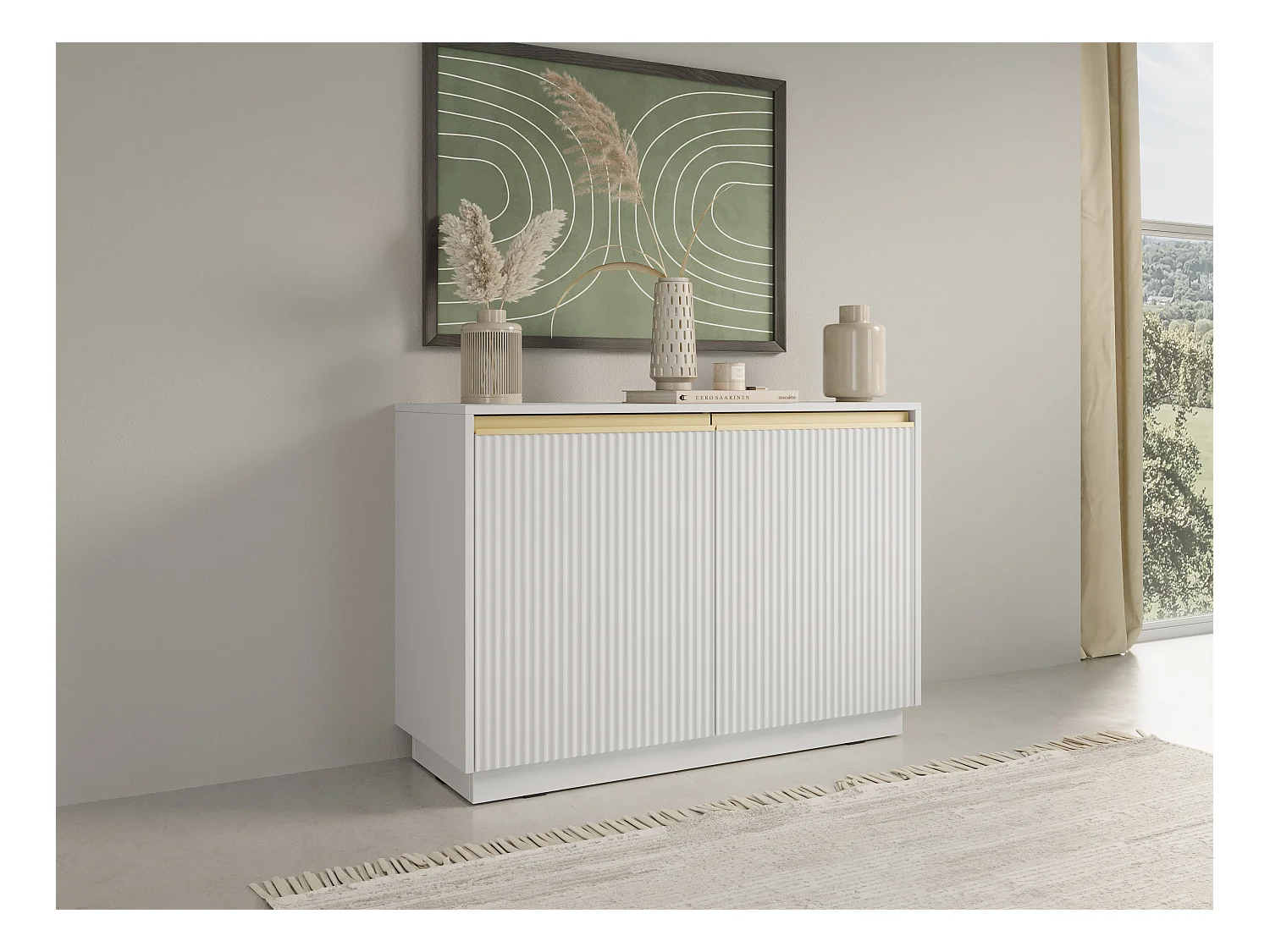 Kommode: 2 Türen, 4 Einlegeböden, Mattweiß, 103,5 x 71,4 x 39 cm