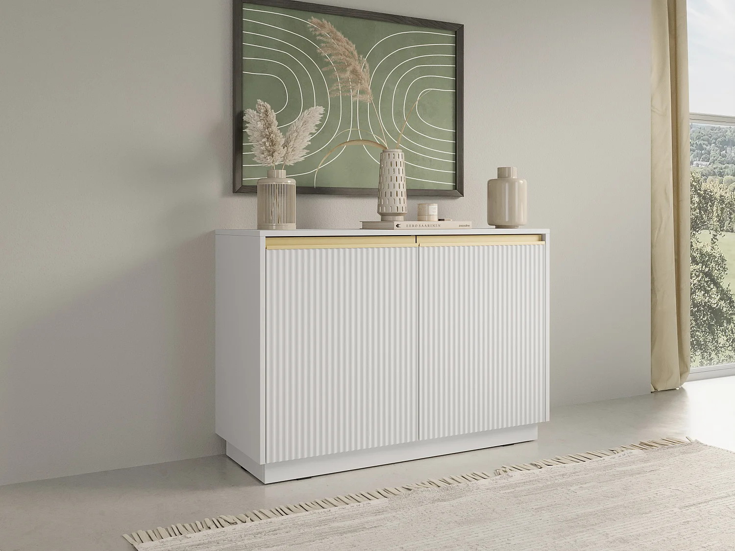 Commode : 2 portes, 4 étagères, Blanc Mat, 103,5 x 71,4 x 39 cm