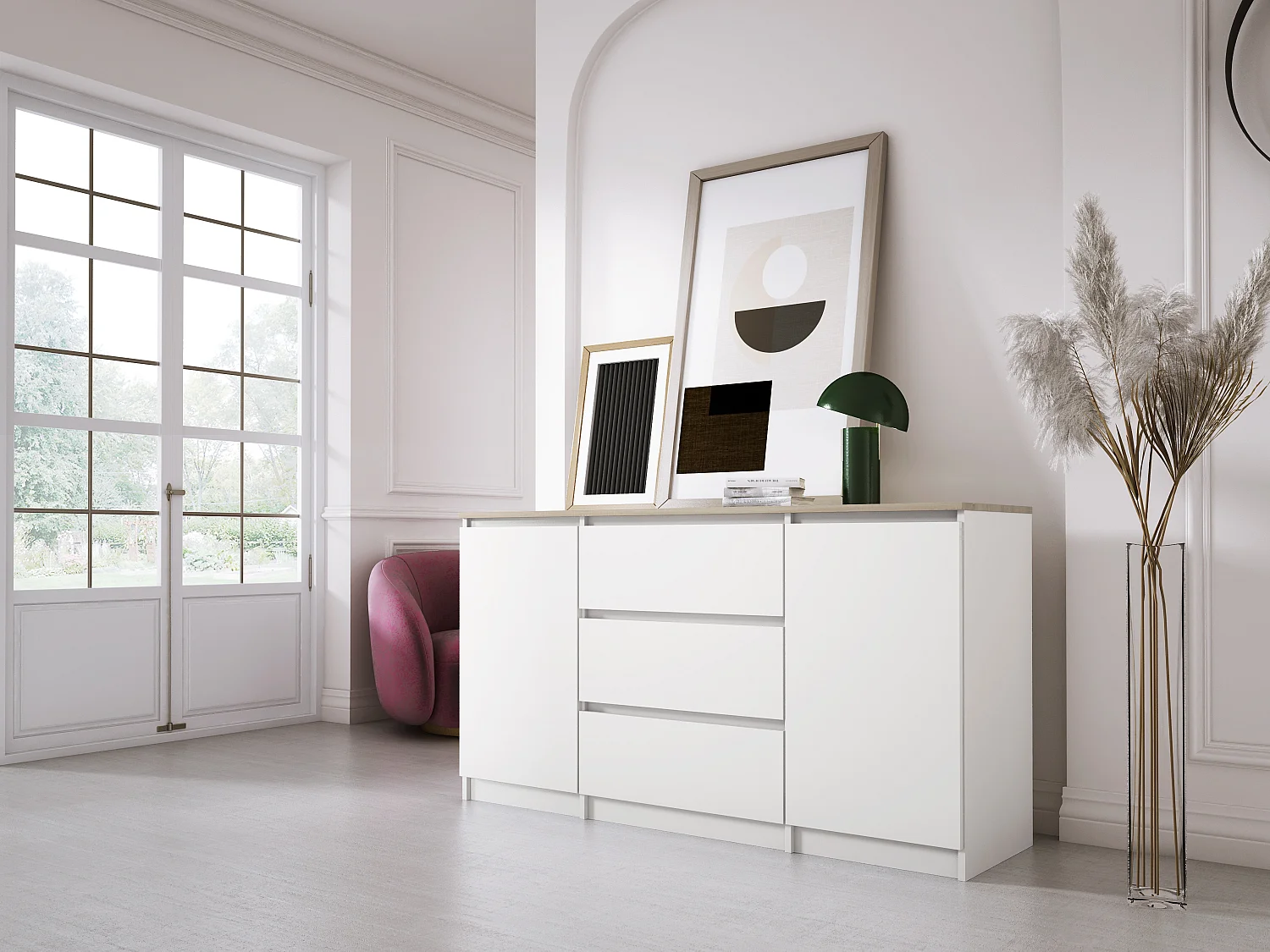 Commode : Blanc Mat /  Chêne Sonoma top, 140 x 39 x 79 cm, 3 tiroirs, 2 portes