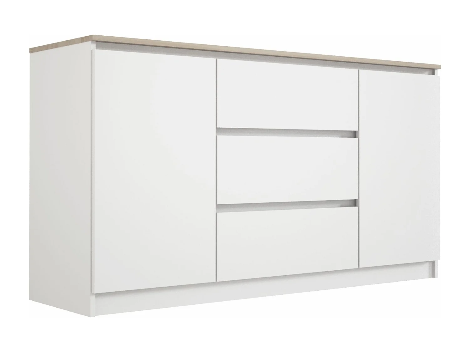 Commode : Blanc Mat /  Chêne Sonoma top, 140 x 39 x 79 cm, 3 tiroirs, 2 portes