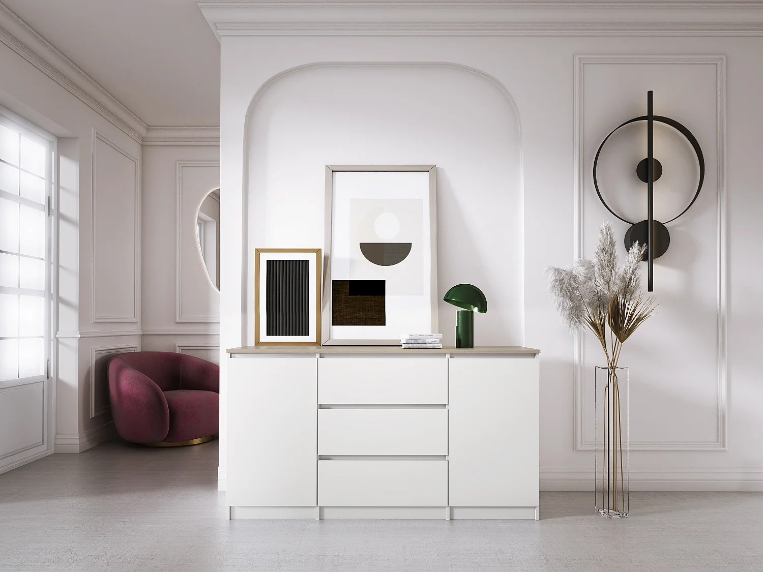 Commode : Blanc Mat /  Chêne Sonoma top, 140 x 39 x 79 cm, 3 tiroirs, 2 portes