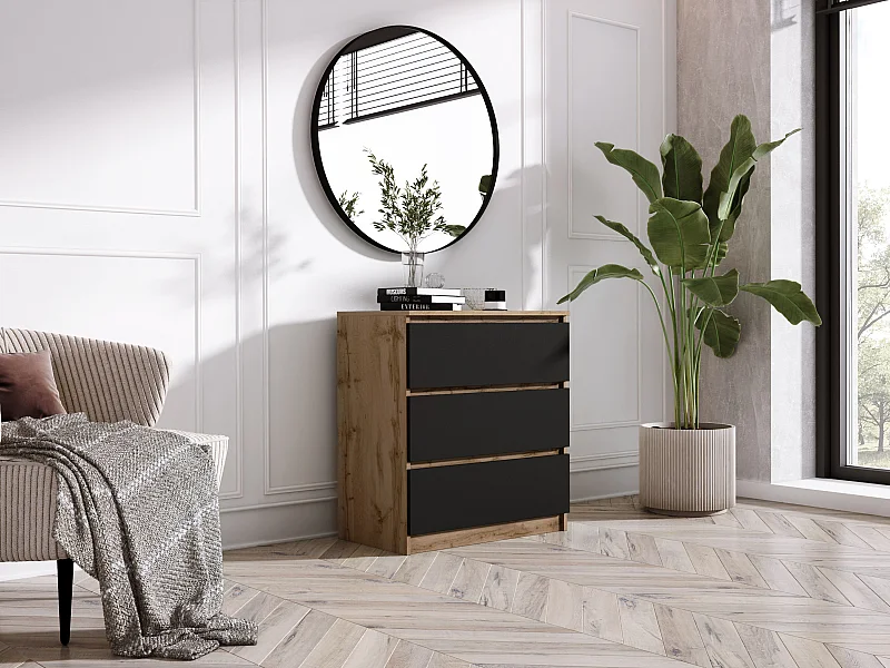 Kommode mit 3 Schubladen: Wotan-Eiche / Mattschwarz, 70 x 39 x 79 cm